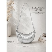 Elan Collection Kadın Yeni Sezon Premium Yumuşak Suni Deri Kuruvasan Model Çapraz ve Omuz Çantası Gümüş Rengi
