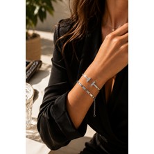 Adata Jewelry Çelik 2 Li Kadın Kombin T Kelepçe ve Uzatma Zincirli Küp Model Bileklik Gümüş Renk