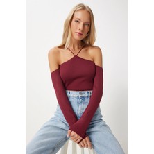 TeknoKapsül Happiness Istanbul Kadın Bordo Çapraz Ipli Triko Bluz  FN03340