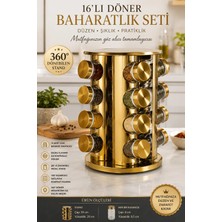 Makri Home 16'lı Döner Altın Renk Yuvarlak Metal 360° Döner Stantlı Baharatlık Seti, 18 cm Çap, 29 cm Yükseklik
