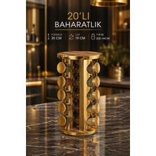 Makri Home 20’li Ahşap Desenli Gold Yuvarlak 360° Döner Standlı Baharatlık Cam Kavanoz Seti 118 ml