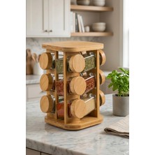 Makri Home 360° Döner Bambu Stantlı 12'li Cam Baharatlık Seti, 100 ml 12 Adet Cam Kavanozlu, 17X17X21 cm