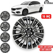 Yonga Oto Aksesuar Fiat Egea Urban ve Cross Uyumlu 16 Inç Jant Kapağı 4’lü Set Kırılmaya Dayanıklı Esnek Plastik + 4 Amblem