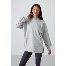 Tommy Life Gri Melanj Balon Kol Yazı Nakışlı Kadın Oversize Tunik Sweatshirt - 97163