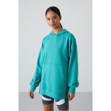 Tommy Life Deniz Yeşili Balon Kol Yazı Nakışlı Kadın Oversize Tunik Sweatshirt - 97163