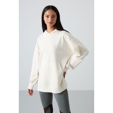 Tommy Life Ekru Balon Kol Yazı Nakışlı Kadın Oversize Tunik Sweatshirt - 97163