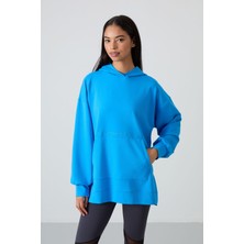 Tommy Life Mavi Balon Kol Yazı Nakışlı Kadın Oversize Tunik Sweatshirt - 97163