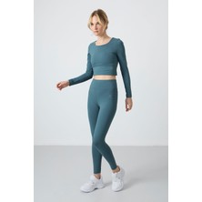 Tommy Life Orman Yeşili Yüksek Bel Uzun Kollu Slim Fit Crop Top Kadın Tayt Takım - 95286