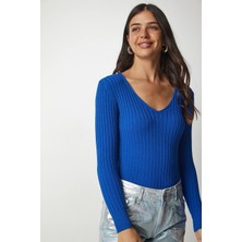TeknoKapsül Happiness Istanbul Kadın Mavi V Yaka Fitilli Basic Bluz BV00096