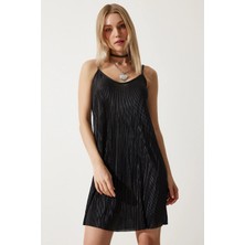 TeknoKapsül Happiness Istanbul Kadın Siyah Askılı Pliseli Yazlık Mini Örme Elbise DZ00119