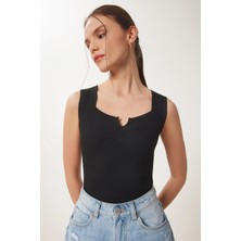 TeknoKapsül Happiness Istanbul Kadın Siyah Kolsuz Yazlık Triko Bluz MT00157