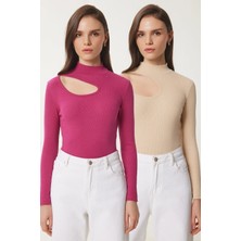 TeknoKapsül Happiness Istanbul Kadın Koyu Pembe Krem 2'li Paket Cut Out Detaylı Fitilli Örme Bluz GT00235