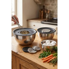 Makri Home 304 Çelik Rendeli 3'lü Saklama ve Karıştırma Kabı Seti (16 Cm, 20 Cm, 24 Cm)