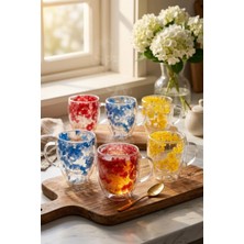 Makri Home 6'lı Çift Cidarlı Çiçekli Cam Kupa Seti, 2'şer Adet Kırmızıbeyaz-Mavibeyaz-Sarı Kupa, 350 ml