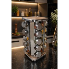 Makri Home 20’li Ahşap Desenli Krom Kare 360° Döner Standlı Baharatlık Cam Kavanoz Seti 118 ml