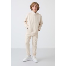 Tommy Life Bej Pamuklu Kalın İçi Tüylü Yumuşak Dokulu Standart Fit Nakışlı Erkek Çocuk Eşofman Takım - 11256