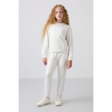 Tommy Life Ekru Pamuklu İçi Tüylü Yumuşak Dokulu Oversize Nakışlı Kız Çocuk Eşofman Takım - 75145