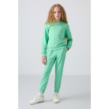 Tommy Life Su Yeşil Pamuklu İçi Tüylü Yumuşak Dokulu Oversize Nakışlı Kız Çocuk Eşofman Takım - 75145