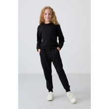 Tommy Life Siyah Pamuklu İçi Tüylü Yumuşak Dokulu Oversize Nakışlı Kız Çocuk Eşofman Takım - 75145