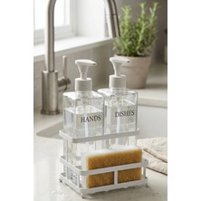 Makri Home Krem Metal Stantlı Pole Ikili Cam Sıvı Sabunluk Seti, 2 x 500 Ml, 14 x 10 x 24,5 Cm, Sünger Dahil