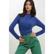 TeknoKapsül Trend Alaçatı Stili Kadın Saks Dik Yaka Drapeli Çıtçıtlı Sandy Bodysuit ALC-X10868