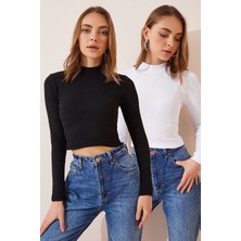 TeknoKapsül Happiness Istanbul Kadın Siyah Beyaz 2' Li Paket Fitilli Balıkçı Yaka Crop Örme Bluz GT00214