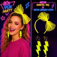 Zero Land Dpmix-Hb Neon Sarı Dantel Taç ve Şimşek Küpe 80&amp;#39;ler 90&amp;#39;lar Parti Seti