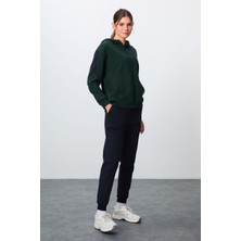 Tommy Life Çam Yeşili-Lacivert Pamuklu Kalın Kapüşonlu Oversize Fit Kadın Eşofman Takım - 95343