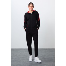 Tommy Life Siyah Kompakt Pamuklu Kalın Pürüzsüz Dokulu Kapüşonlu Oversize Fit Kadın Eşofman Takım - 95343