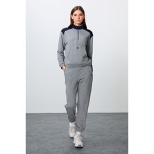 Tommy Life Gri Melanj Kompakt Pamuklu Kalın Pürüzsüz Dokulu Dik Yaka Oversize Fit Kadın Eşofman Takım - 95342