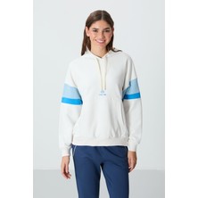 Ekru Kompakt Pamuklu Kalın Pürüzsüz Dokulu Kapüşonlu Oversize Fit Kadın Sweatshirt - 97290
