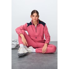 Tommy Life Yaban Gülü Kompakt Pamuklu Kalın Pürüzsüz Dokulu Dik Yaka Oversize Fit Kadın Eşofman Takım - 95342