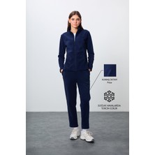 Tommy Life Lacivert Kalın Yumuşak Dokulu Dik Yaka Oversize Nakışlı Polar Kadın Eşofman Takım -95339