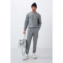 Tommy Life Gri Melanj Pamuklu Kalın İçi Tüylü Yumuşak Dokulu Comfort Fit Nakışlı Erkek Eşofman Takım -85265