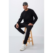 Tommy Life Siyah Pamuklu Kalın İçi Tüylü Yumuşak Dokulu Comfort Fit Nakışlı Erkek Eşofman Takım -85265