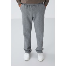Tommy Life Gri Melanj Pamuklu Kalın İçi Tüylü Yumuşak Dokulu Oversize Nakışlı Erkek Eşofman Altı -82146