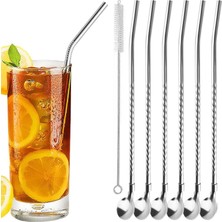 1001 7'li Paslanmaz Çelik Kaşıklı Metal Pipet Seti 6 Adet Pipet ve Pipet Temizleme Fırçası Cam Pip