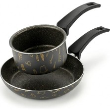 1001 Master 2'li Ekonomik Set: 12 cm Sosluk & 20 cm Tava - Mutfak Desenli Gold Mastik Yanmaz Yapışmaz S