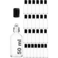 1001 (50 ml Çelik Roll On Şişesi 50 cc Sızdırmaz Siyah Kapaklı Cam Şişe 25 Adet (Şeffaf, 50)