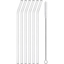 1001 6’lı Cam Pipet Seti + Temizleme Fırçası – Kavisli Şeffaf Cam Pipet, Yeniden Kullanılabilir