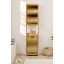 1001 Bambu Kirli Sepetli 1 Raflı Kapaklı Banyo Dolabı Banyo Düzenleyici Çamaşır Sepeti Organizer D