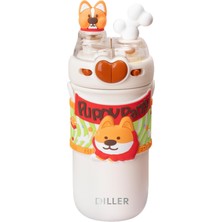 1001 520ML Sevimli Hayvanlar Süslü Pipetli/pipetsiz Boyun Askılı Paslanmaz Çelik Termos (Puppy Party