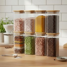 1001 6'lı Set 520 ml Bambu Kapaklı Kare Cam Kavanoz - 6X15 cm Vakumlu Ekstra Uzun Boy Şeffaf Erzak Kab