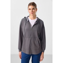 Tommy Life Koyu Gri Yumuşak Dokulu Kapüşonlu Oversize Kadın Tunik Sweatshirt - 97302