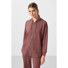 Tommy Life Kahverengi Yumuşak Dokulu Kapüşonlu Oversize Kadın Tunik Sweatshirt - 97302