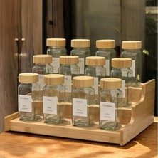 1001 12’li Bambu Kapaklı Kare Formlu Cam Baharatlık Seti 120 ml / 16 Adet Etiket Hediye