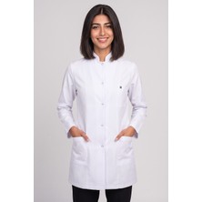 Deniz İş Kadın Hakim Yaka Çıtçıtlı Uzun Kol Orta Boy Beyaz Alpaka Kumaş Doktor ve Hemşire Önlüğü