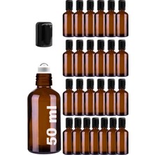 1001 50 ml Çelik Roll On Şişesi 50 cc Sızdırmaz Siyah Kapaklı Cam Şişe 25 Adet (Amber, 50)