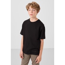 Siyah Pamuklu Yumuşak Dokulu Oversize Basic Erkek Çocuk T-Shirt - 11297