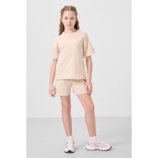 Bej Pamuklu Yumuşak Dokulu Standart Fit Basic Kız Çocuk Şort Takım - 75184